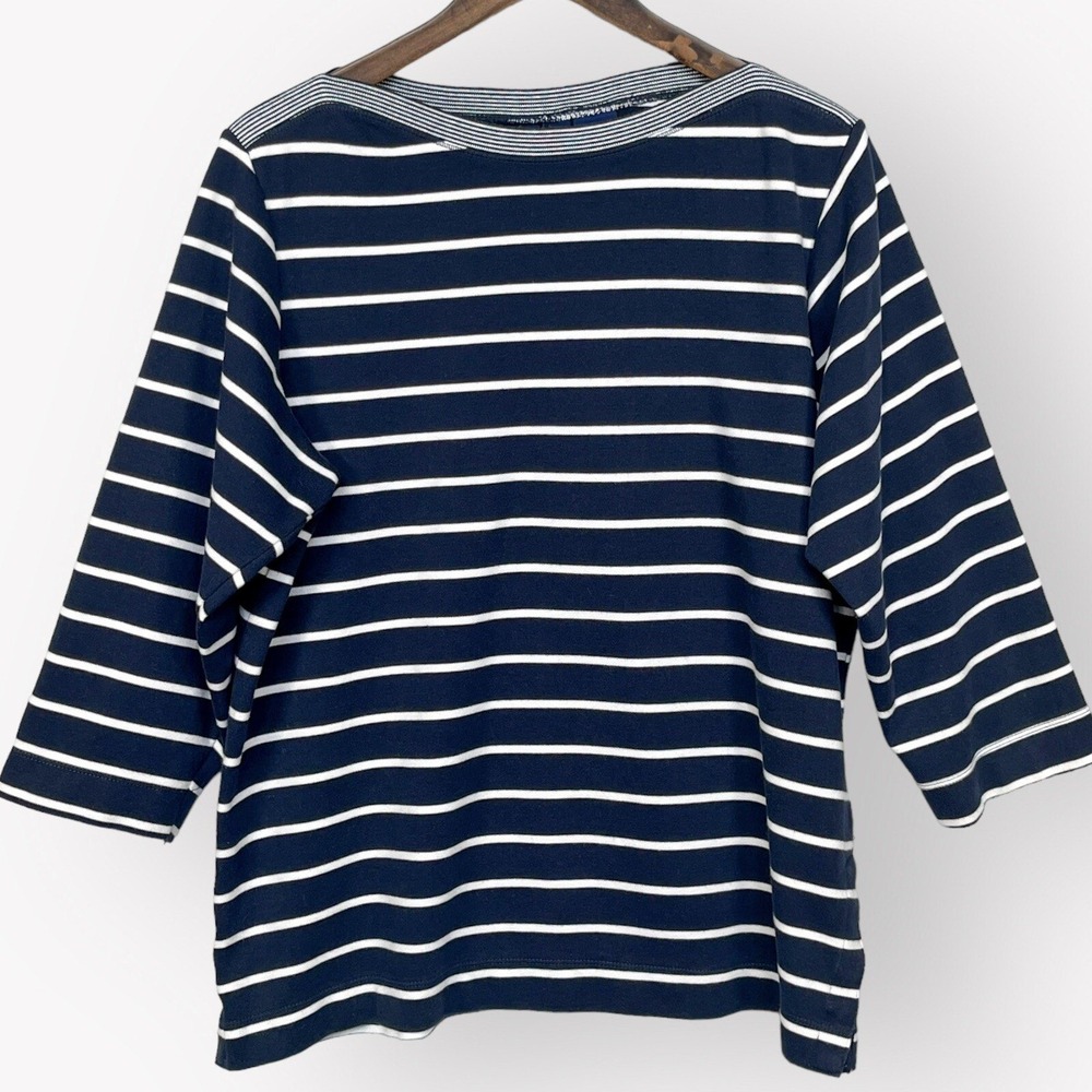 Catalina Striped Top Womens Large Navy White Boat Neck Snap Side Vent Excellent